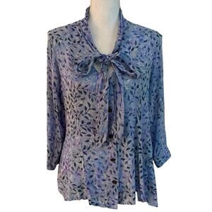 Go Fish Size S Botanical Leaf Watercolor Print Button Front Shirt Tie Neck